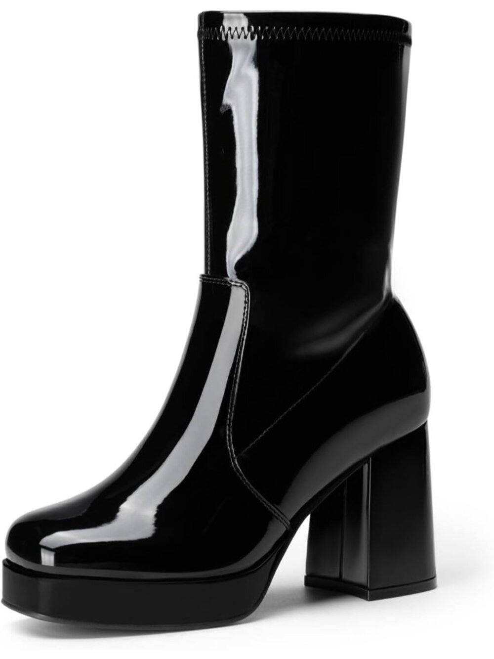 Women's Black Patent Mid Calf Stretch Shaft Side Zipper Chunky Block Heel Boots